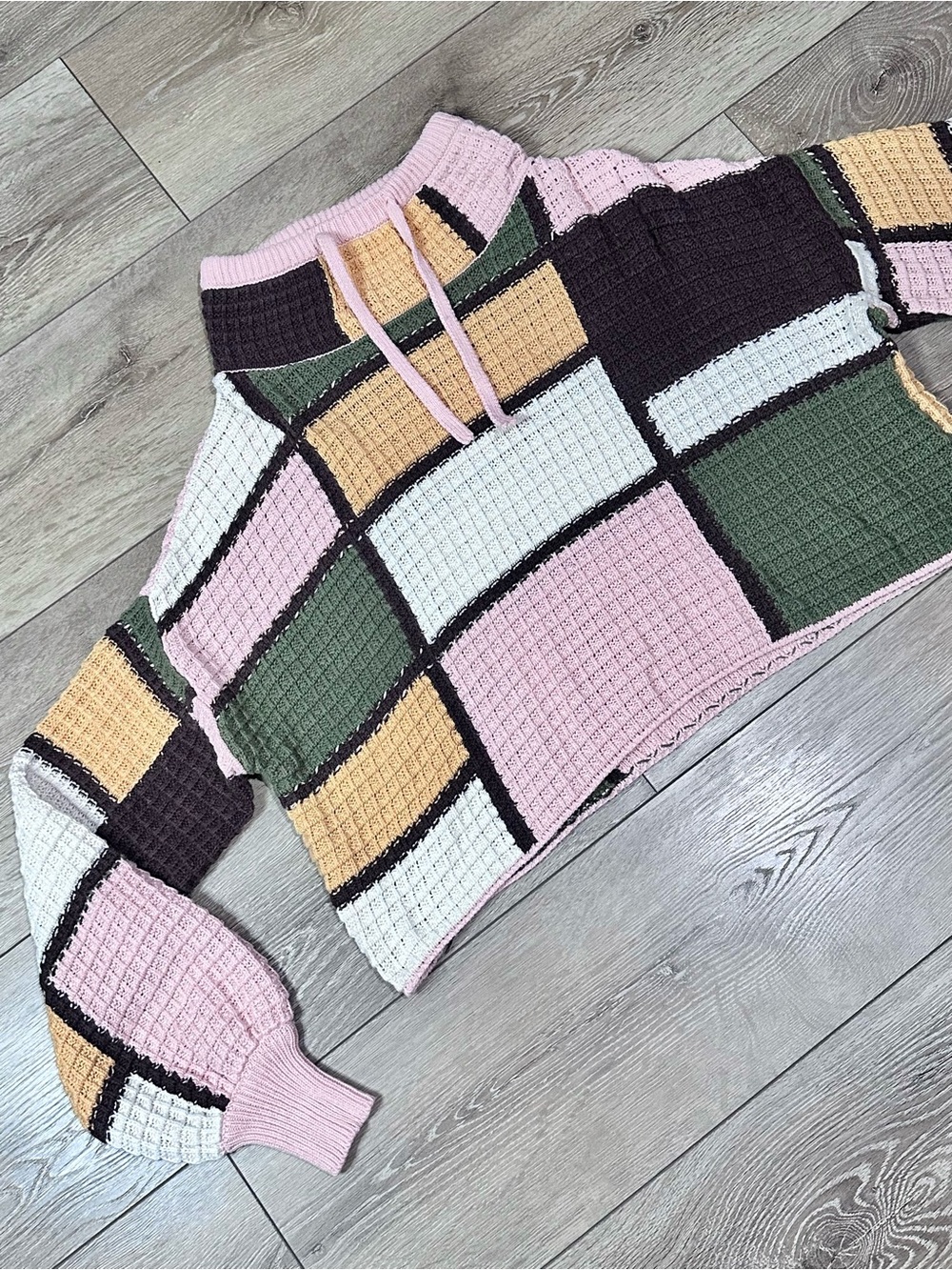 Gilded Intent Buckle Funnel Neck Cropped Checkered Patchwork Sweater - Picture 7 of 15